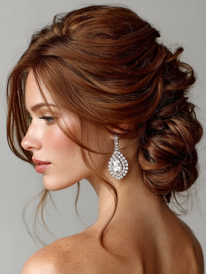 Elegant prom hairstyle featuring a low nape bun with soft curls