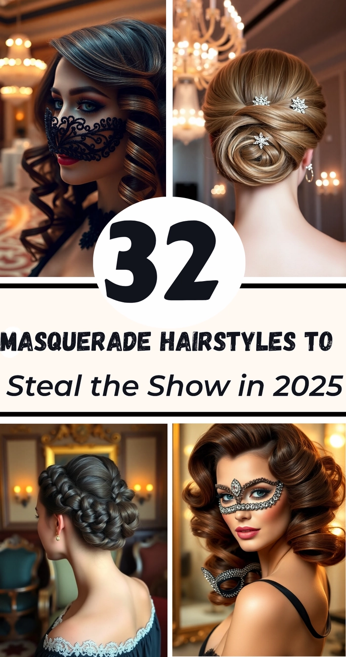 Elegant masquerade ball prom hairstyle with intricate curls and a decorative mask