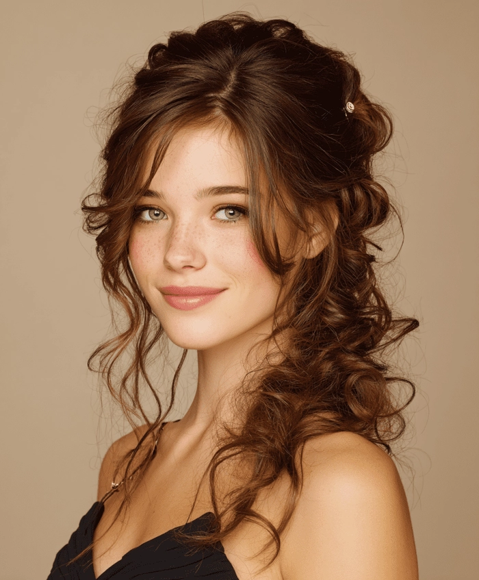 Elegant prom hairstyle featuring tightly coiled natural hair styled in an intricate updo
