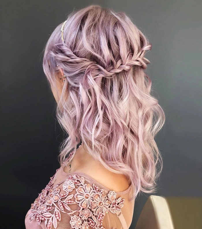 Charming curled prom hairstyle for pastel pink dyed hair look number 10 Elegant prom hairstyle featuring pastel pink dyed hair in soft curls