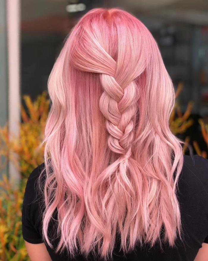 Trendy prom hairstyles for pastel pink dyed hair inspiration image 13 Elegant prom hairstyle featuring pastel pink dyed hair styled in loose waves