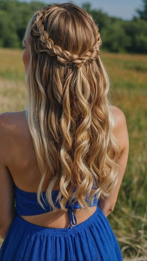 Elegant prom hairstyle with beachy waves and floral accents for a seaside celebration