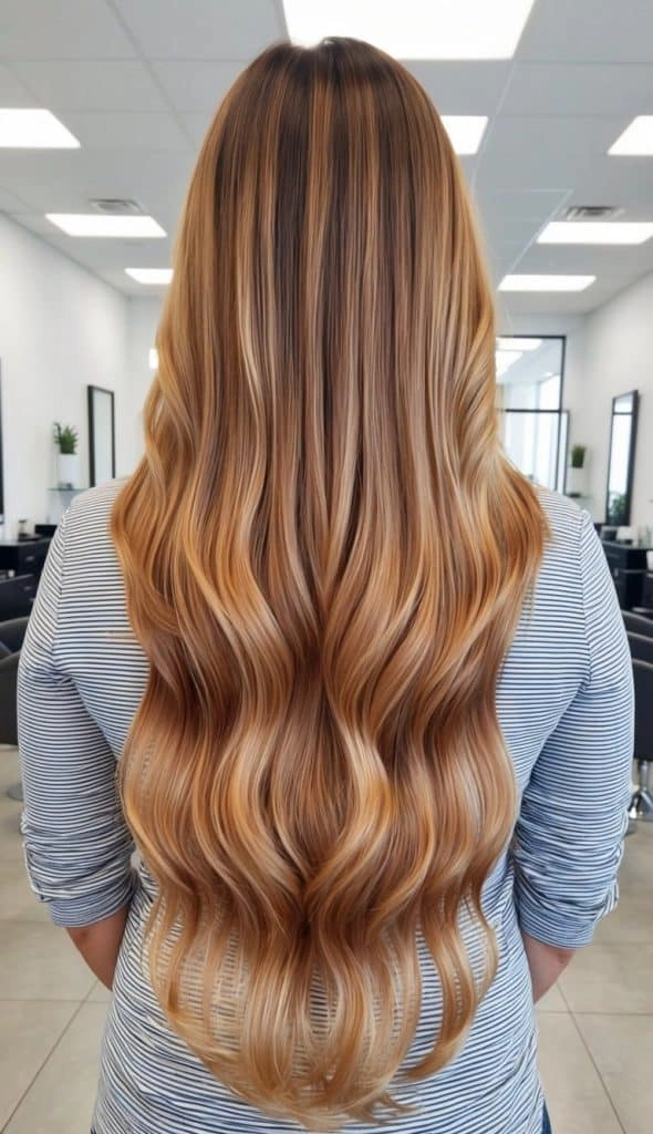 Elegant prom hairstyle showcasing caramel ombre hair with soft curls