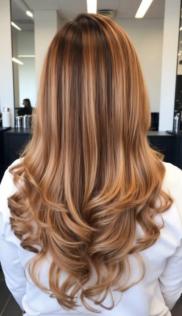 Elegant prom hairstyle for caramel ombre hair with soft curls and a delicate hair accessory