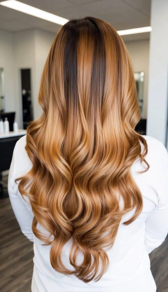 Elegant prom hairstyle showcasing caramel ombre hair with soft curls