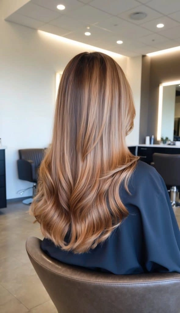 Elegant prom hairstyle showcasing caramel ombre hair with soft curls