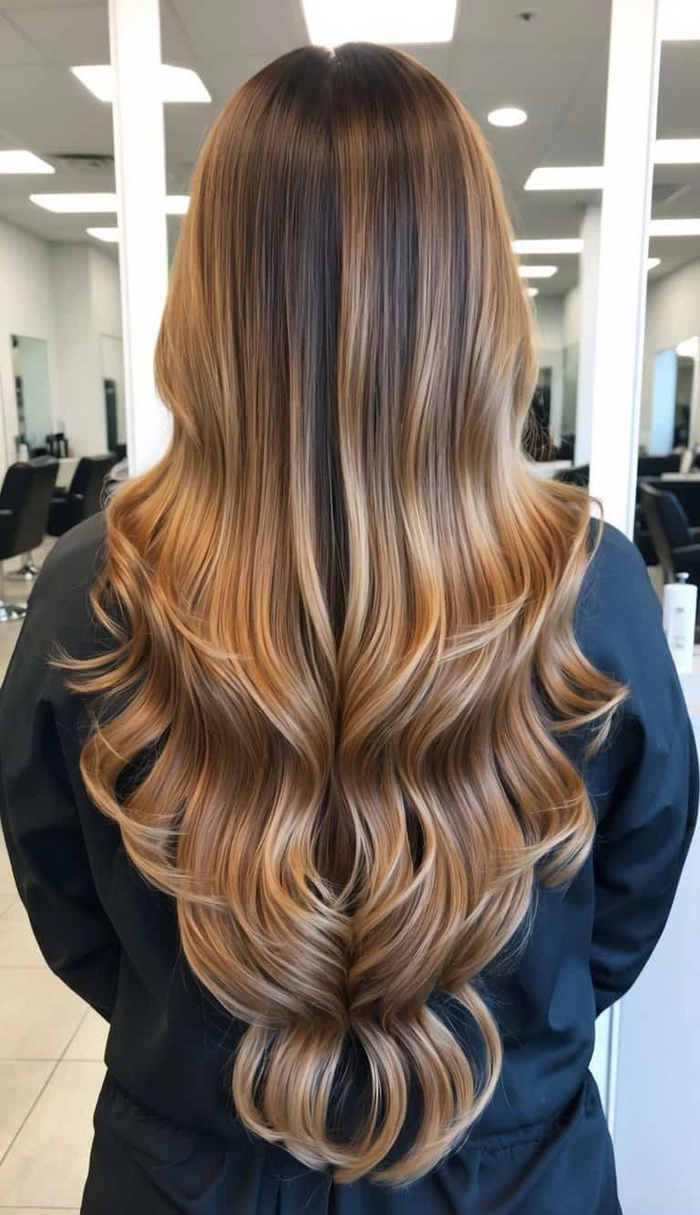 Elegant prom hairstyle showcasing caramel ombre hair with soft curls and a delicate braid
