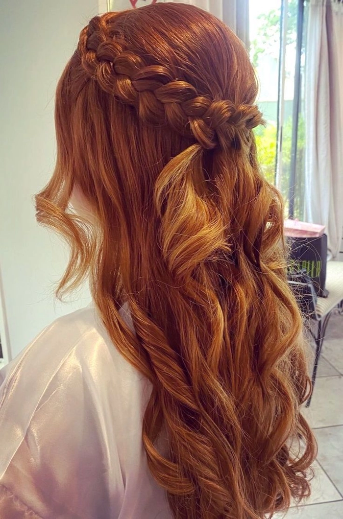 Elegant prom hairstyle for copper ginger hair with soft curls