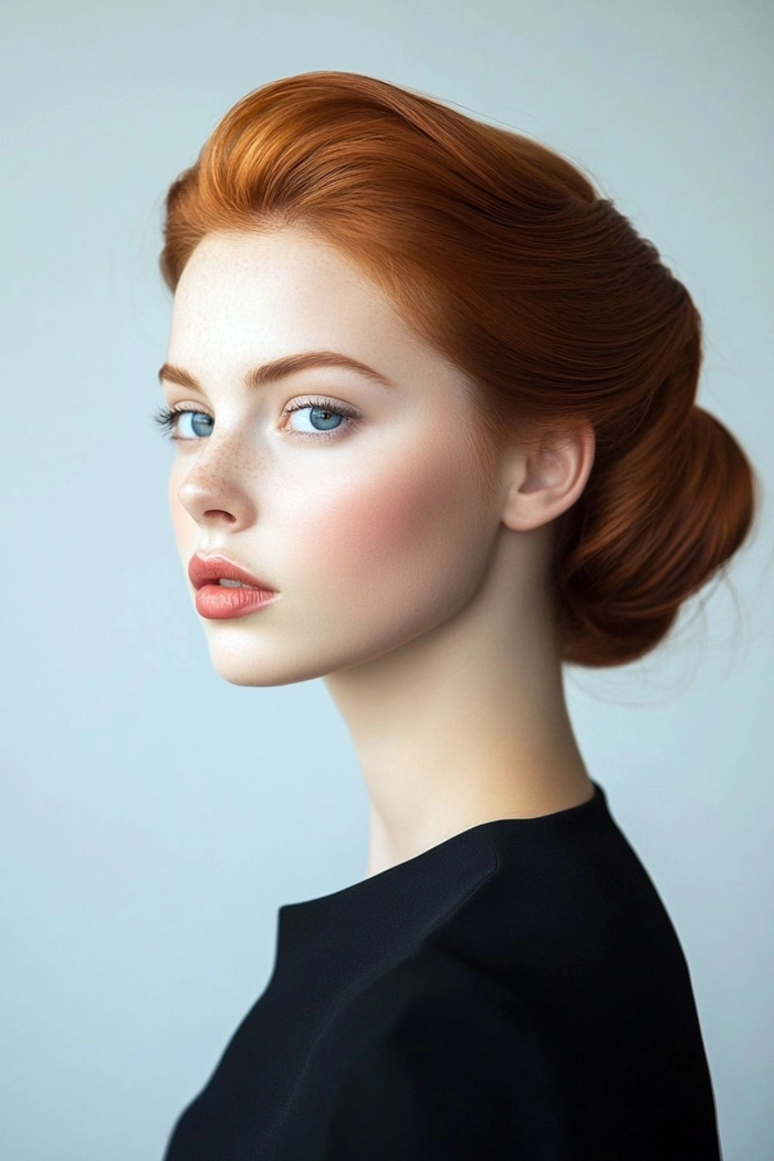 Elegant prom hairstyle showcasing copper ginger hair with soft curls