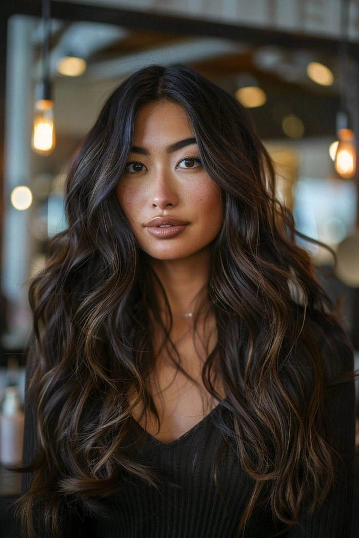 Elegant prom hairstyle featuring dark brunette balayage with soft curls