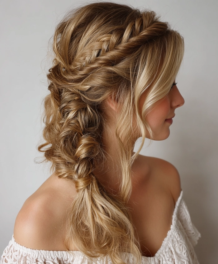 Elegant prom hairstyle featuring a fishtail braid cascading down the back