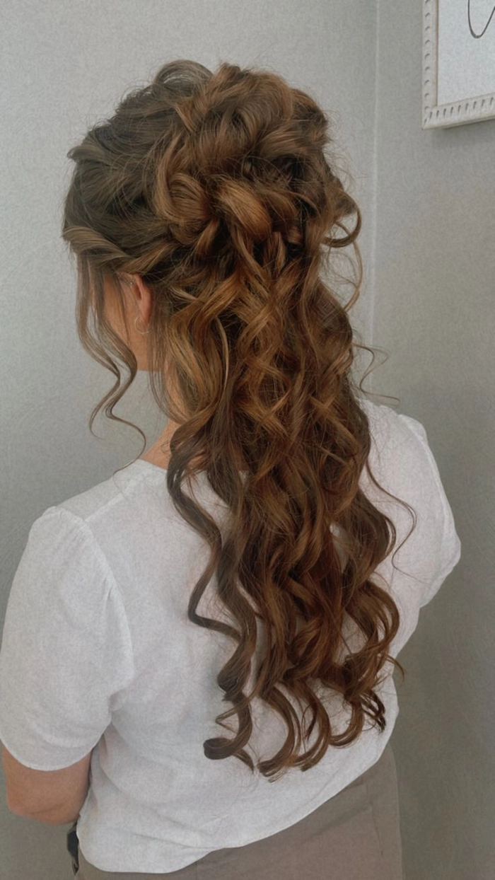 Elegant prom hairstyle with intricate curls for a grand ballroom event