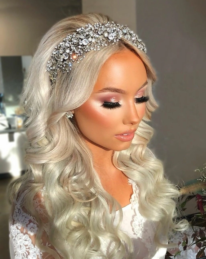 Sophisticated prom hairstyle featuring a shimmering crystal headband accessory Elegant prom hairstyle adorned with a sparkling crystal headband for a glamorous look