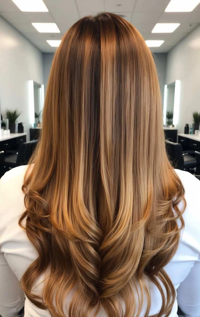 Elegant prom hairstyle for caramel ombre hair featuring soft curls and a braided crown
