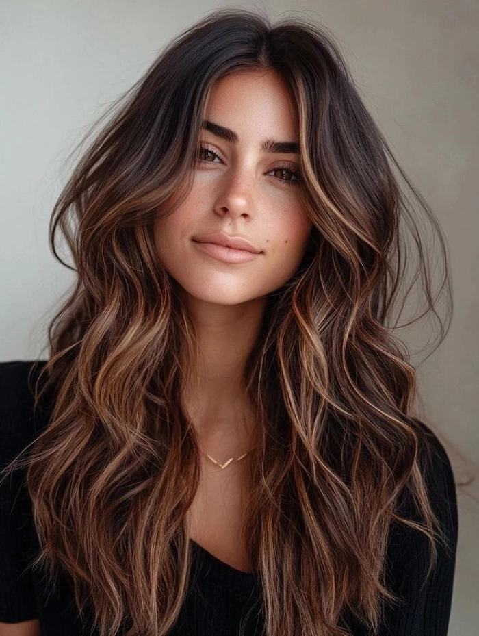 Elegant prom hairstyle for dark brunette balayage with soft curls