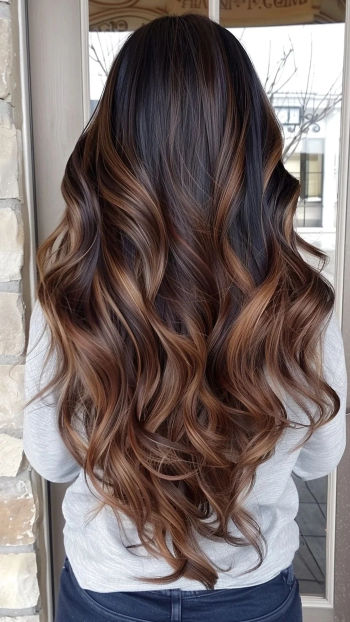 Elegant prom hairstyle for dark brunette balayage featuring soft curls and volume