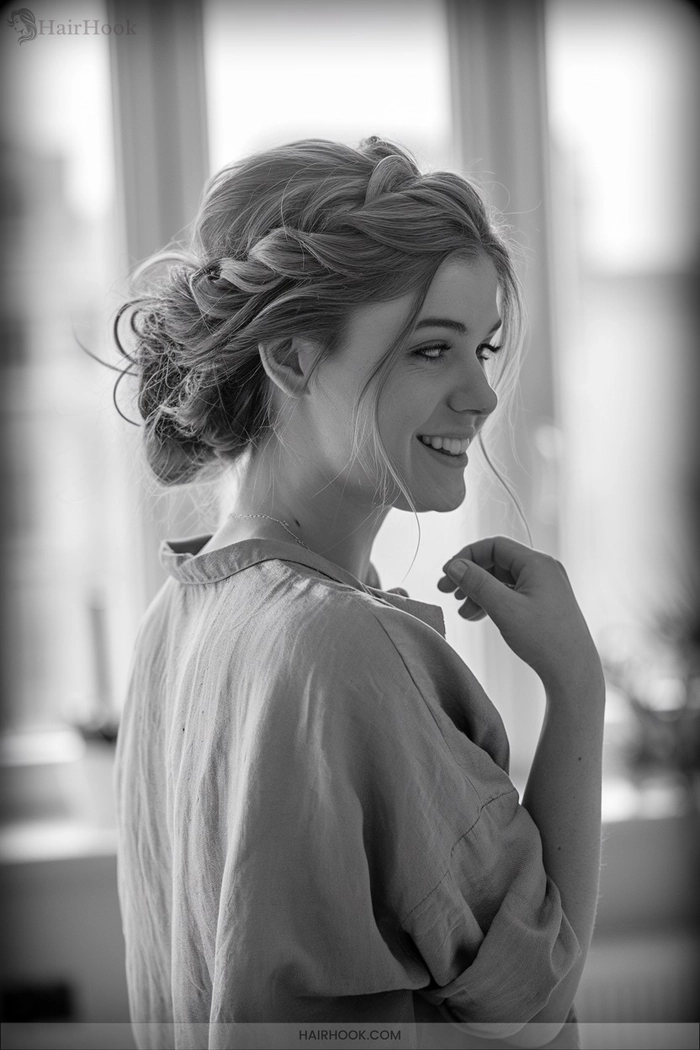 Elegant prom hairstyle featuring delicate face framing tendrils softly around the face