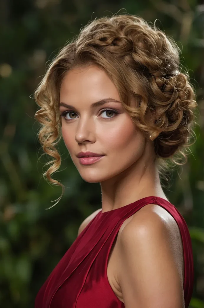 Elegant prom hairstyle featuring face framing tendrils softly curling around the face