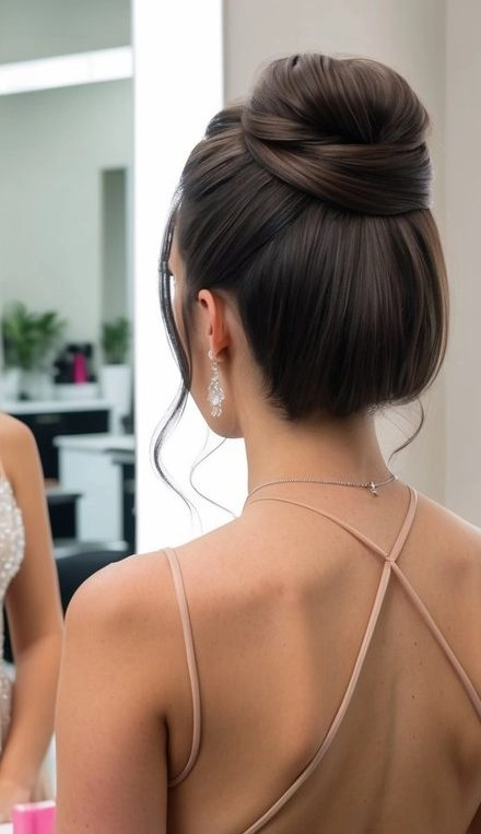 Elegant prom hairstyle featuring face framing tendrils softly curled around the face