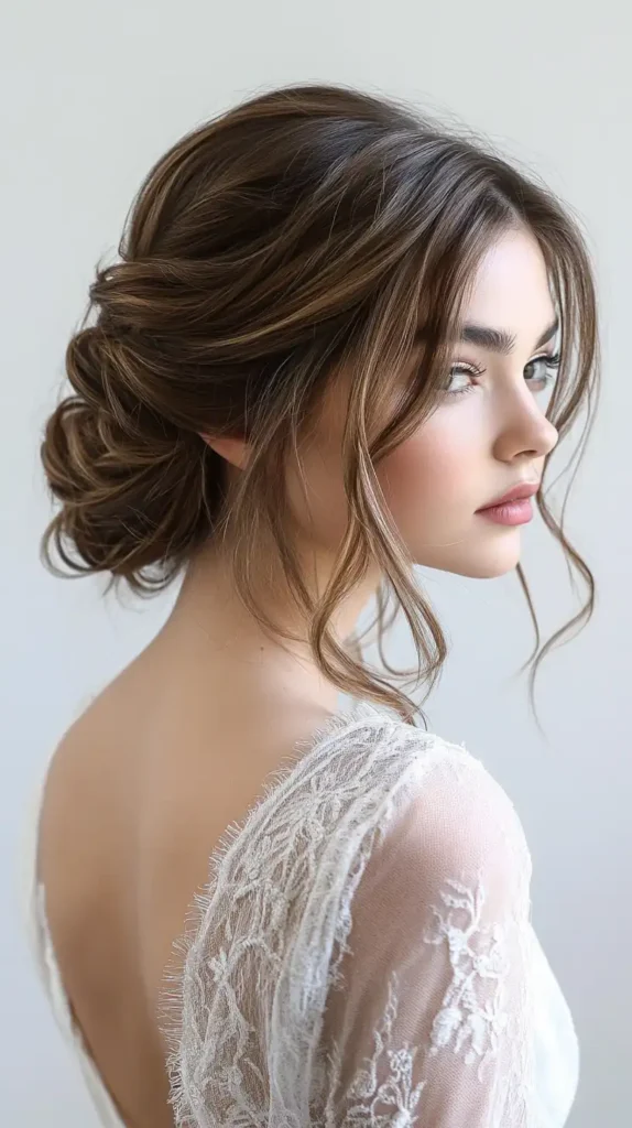 Elegant prom hairstyle featuring face framing tendrils softly curled around the face