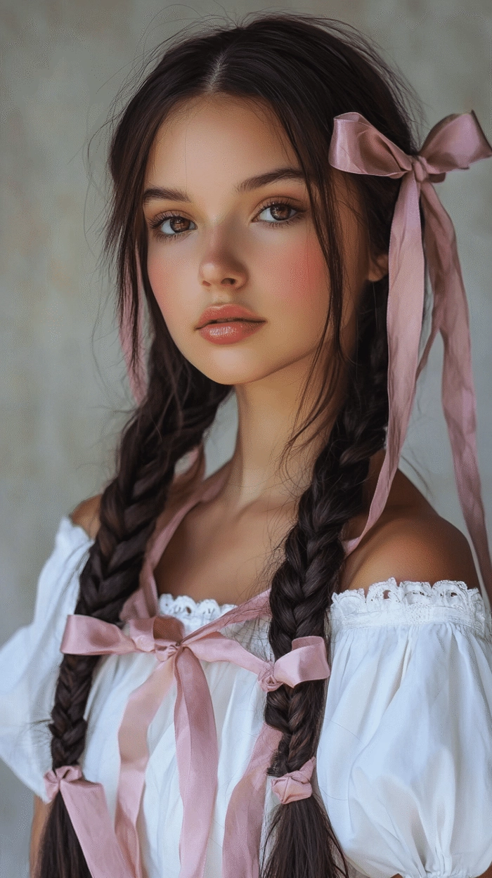Elegant prom hairstyle featuring velvet ribbons woven through soft curls