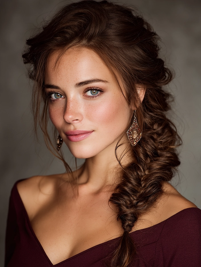 Elegant prom hairstyle featuring a fishtail braid and soft waves
