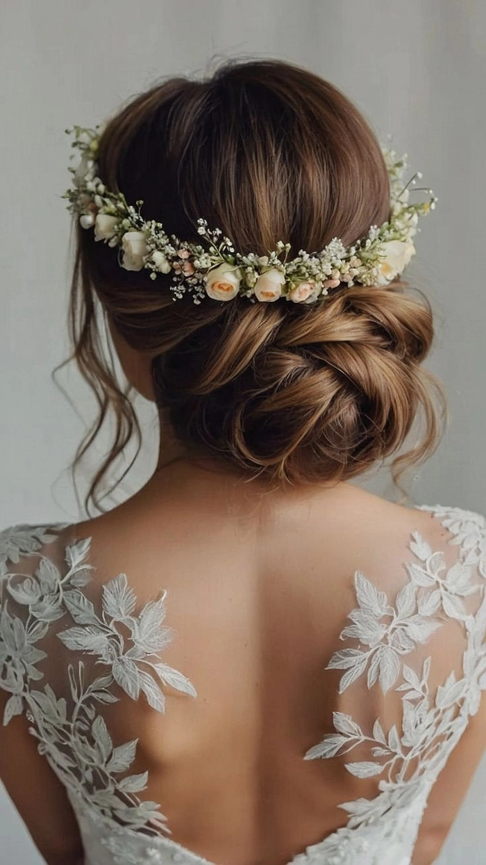 Elegant prom hairstyle adorned with a fresh flower crown for a romantic look