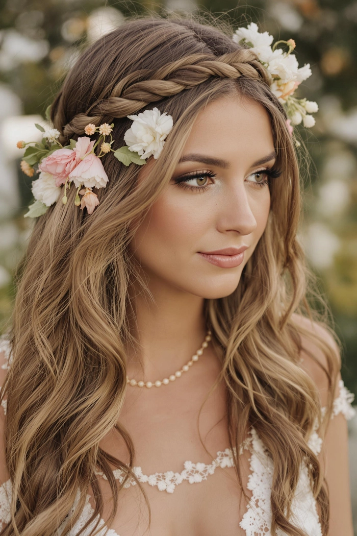 Elegant prom hairstyle adorned with a fresh flower crown for a natural look