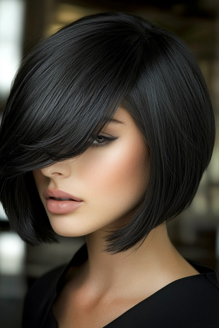 Stunning prom hairstyle for jet black hair styled in glamorous curls Elegant prom hairstyle showcasing jet black hair with soft curls and delicate accessories