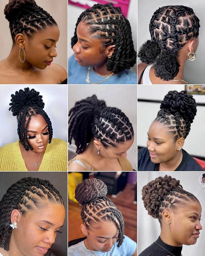 Elegant prom hairstyle featuring locs styled with intricate twists and curls