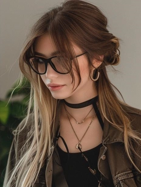 Elegant prom hairstyle featuring loose curls, perfect for wearing glasses with confidence