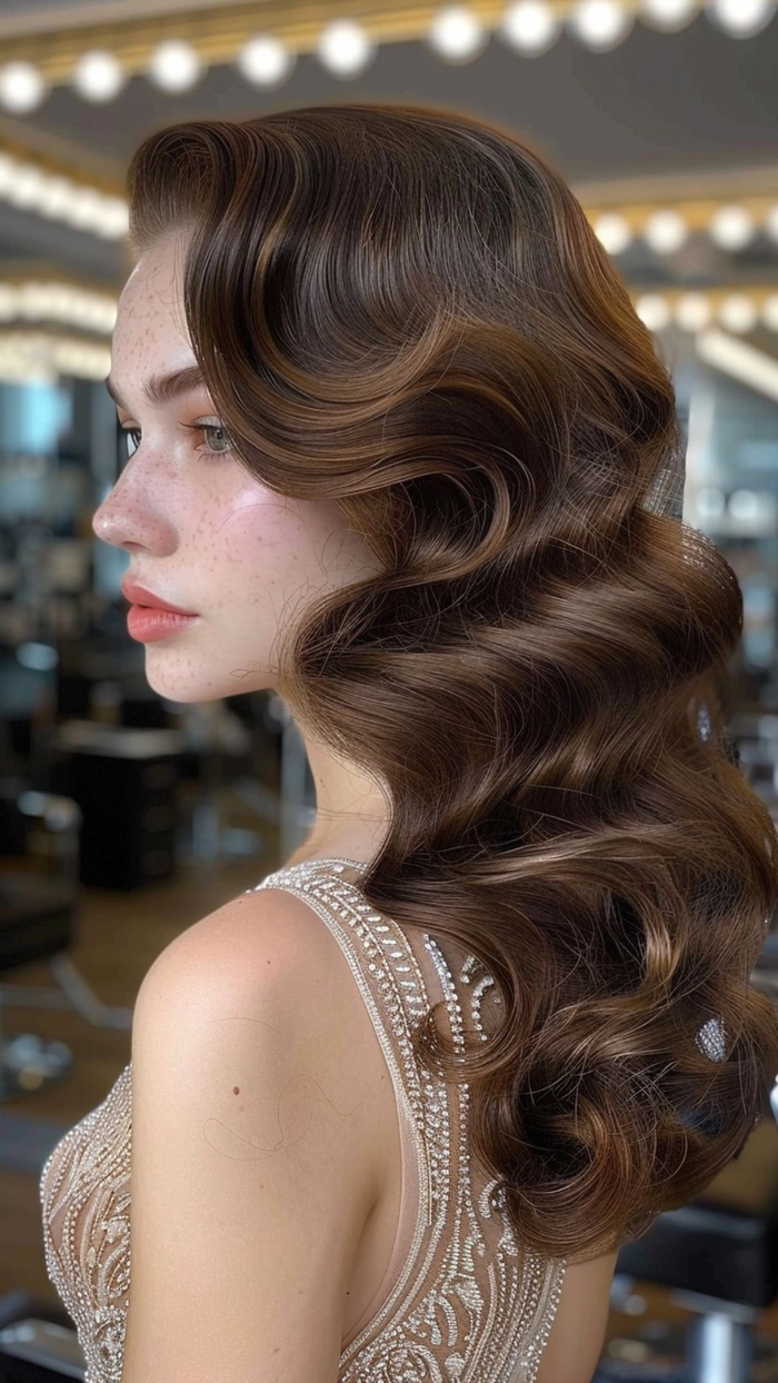 Elegant prom hairstyle featuring hair extensions and weaves styled in loose curls