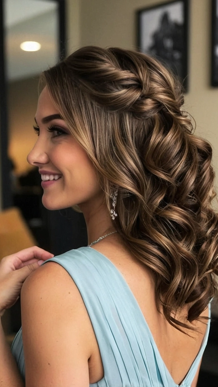 Chic and simple prom hairstyle perfect for medium straight hair look Elegant prom hairstyle for medium length straight hair with soft curls