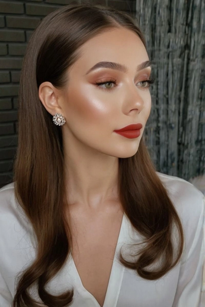 Chic middle part prom hairstyle perfect for a formal look Elegant prom hairstyle with a sleek middle part and soft curls