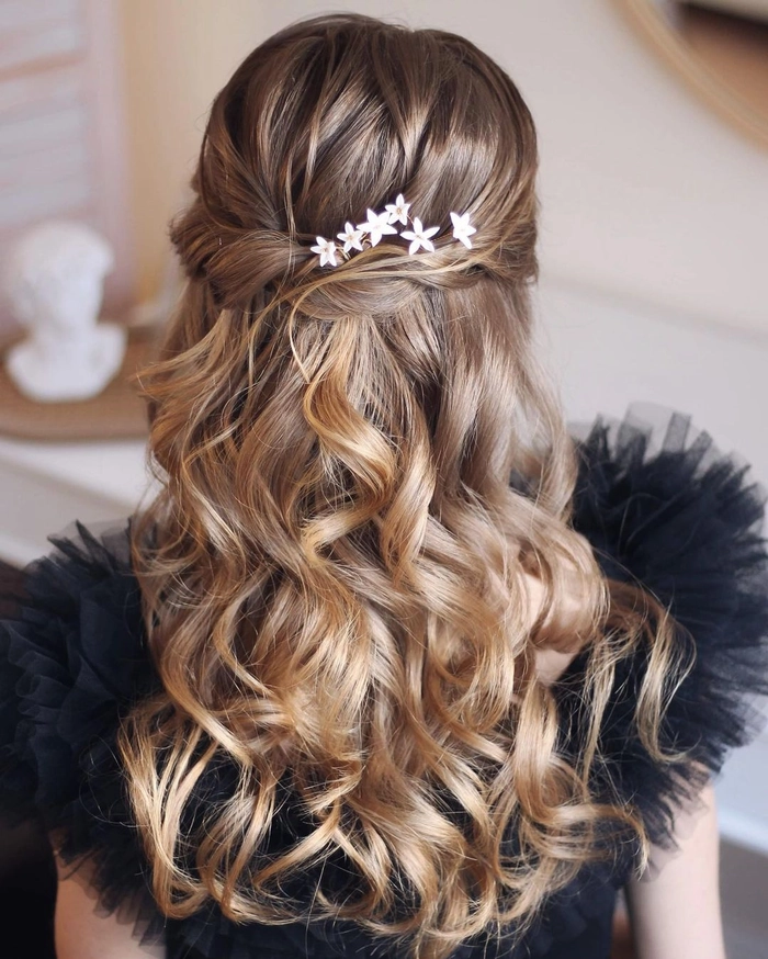 Elegant prom hairstyle complementing a sequin embellished dress in soft lighting