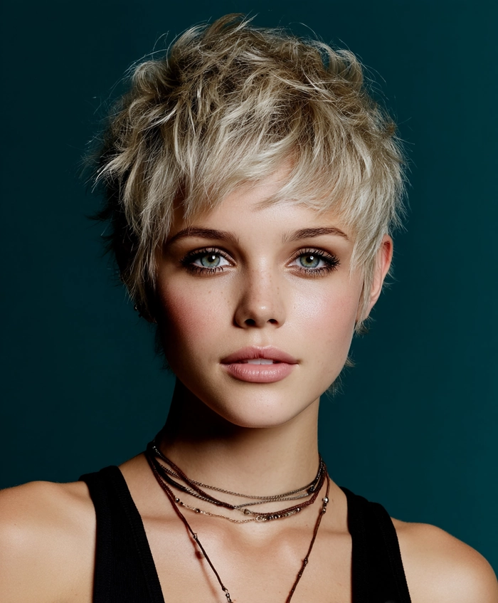 Elegant prom hairstyle for short pixie cuts featuring soft waves and subtle accessories