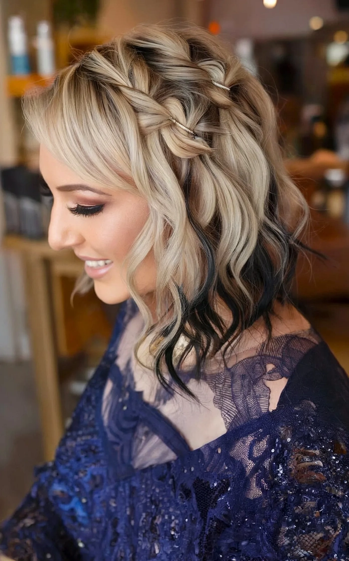Elegant prom hairstyle featuring multiple small braids intricately styled