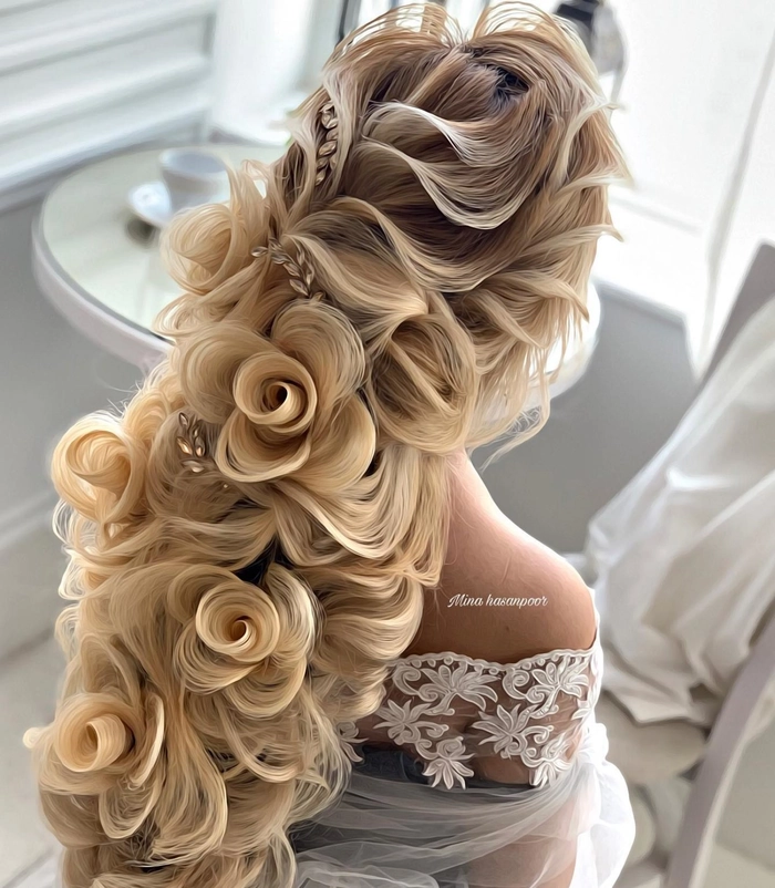 Elegant prom hairstyle featuring multiple small braids woven into an updo