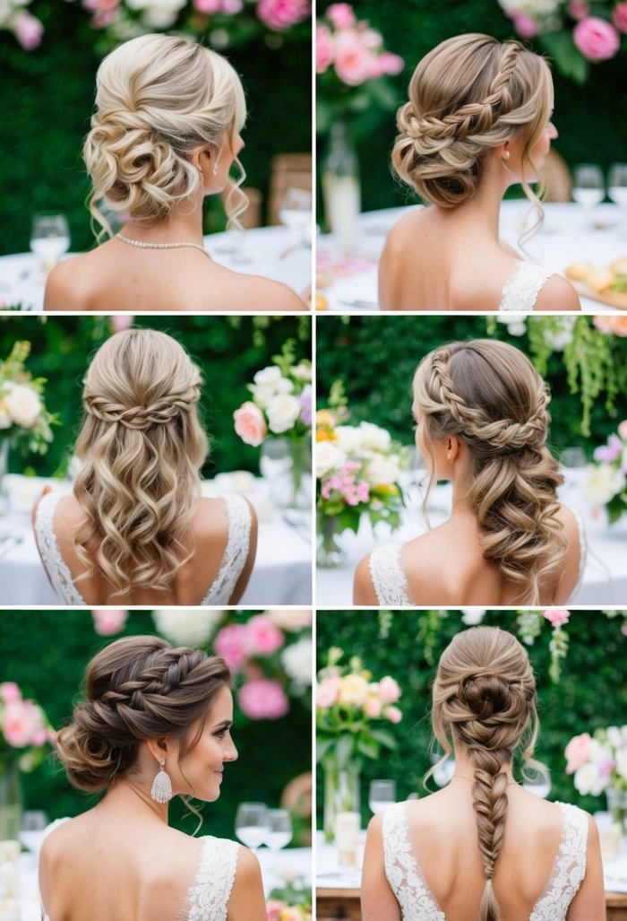 Charming garden-inspired prom hairstyle showcasing floral accents and gentle waves Elegant prom hairstyle featuring soft curls adorned with fresh flowers, perfect for a garden venue