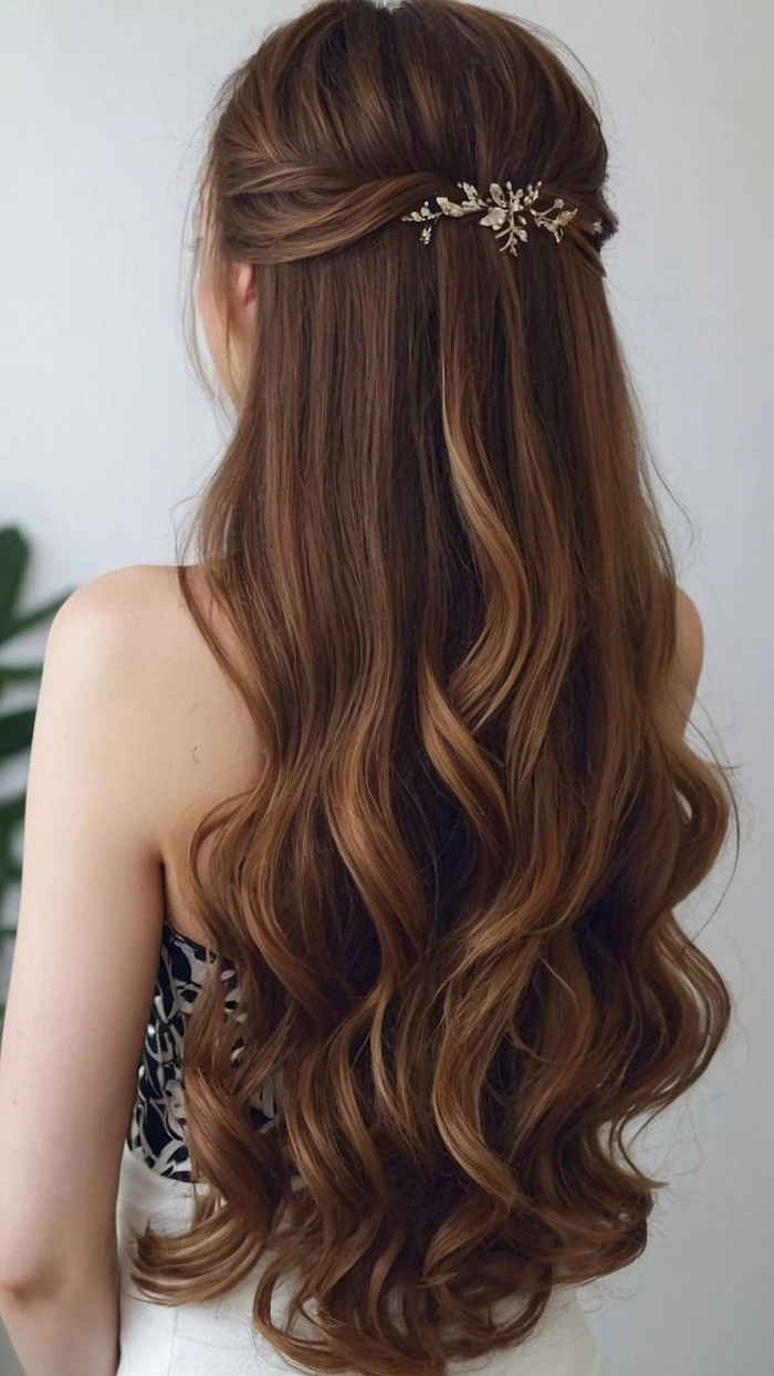 Beautiful prom look showcasing long wavy hair styled for a special event Elegant prom hairstyle for long wavy hair with soft curls and delicate accessories