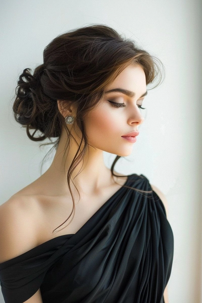 Elegant prom hairstyle with soft curls for one shoulder gowns