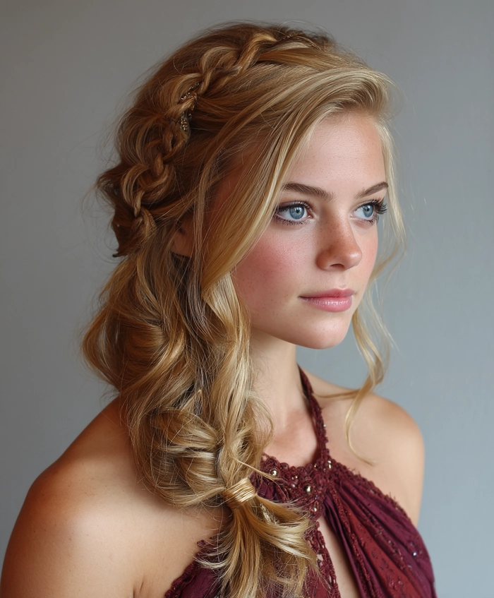 Elegant prom hairstyle featuring soft curls tied with a delicate velvet ribbon