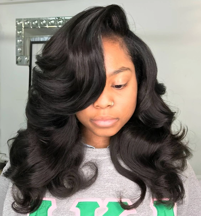 Stunning deep side part prom hairstyle showcasing timeless beauty Elegant prom hairstyle with a deep side part and soft curls