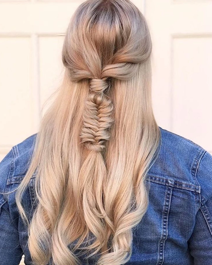 Elegant easy last minute prom hairstyle with soft curls and a side braid