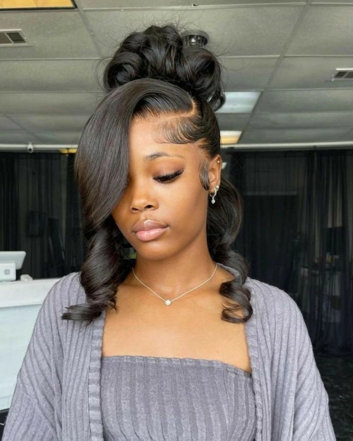 Elegant prom hairstyle with soft curls to match a black dress
