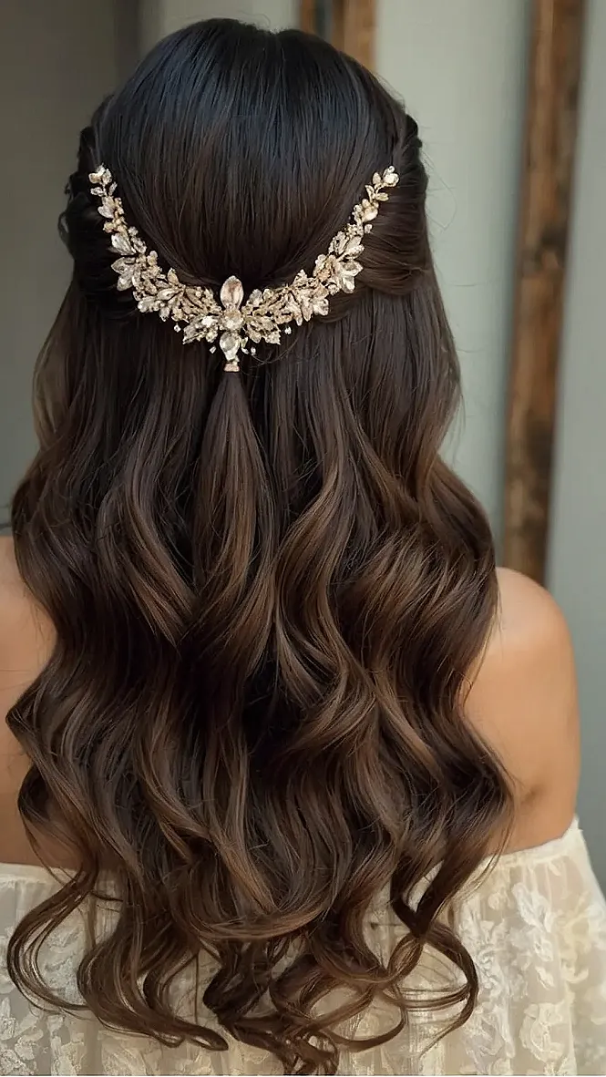 Elegant prom hairstyle with soft curls perfect for a beach venue