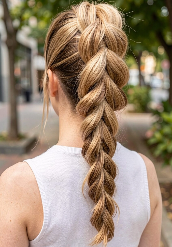 Sophisticated prom look featuring voluminous curls for thick long hair Elegant prom hairstyle for long thick heavy hair with soft curls and volume