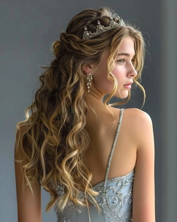 Stunning prom look with intricate tiara detail and flowing waves Elegant prom hairstyle featuring a delicate tiara with soft curls