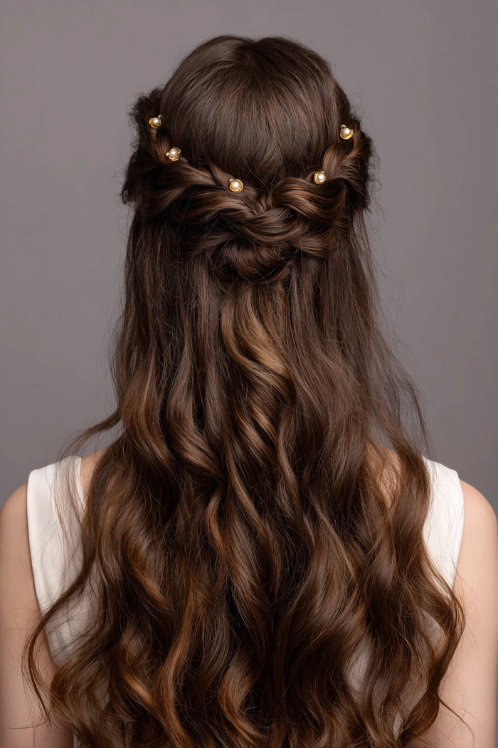 Elegant prom hairstyles with a twisted halo featuring soft curls and a romantic updo