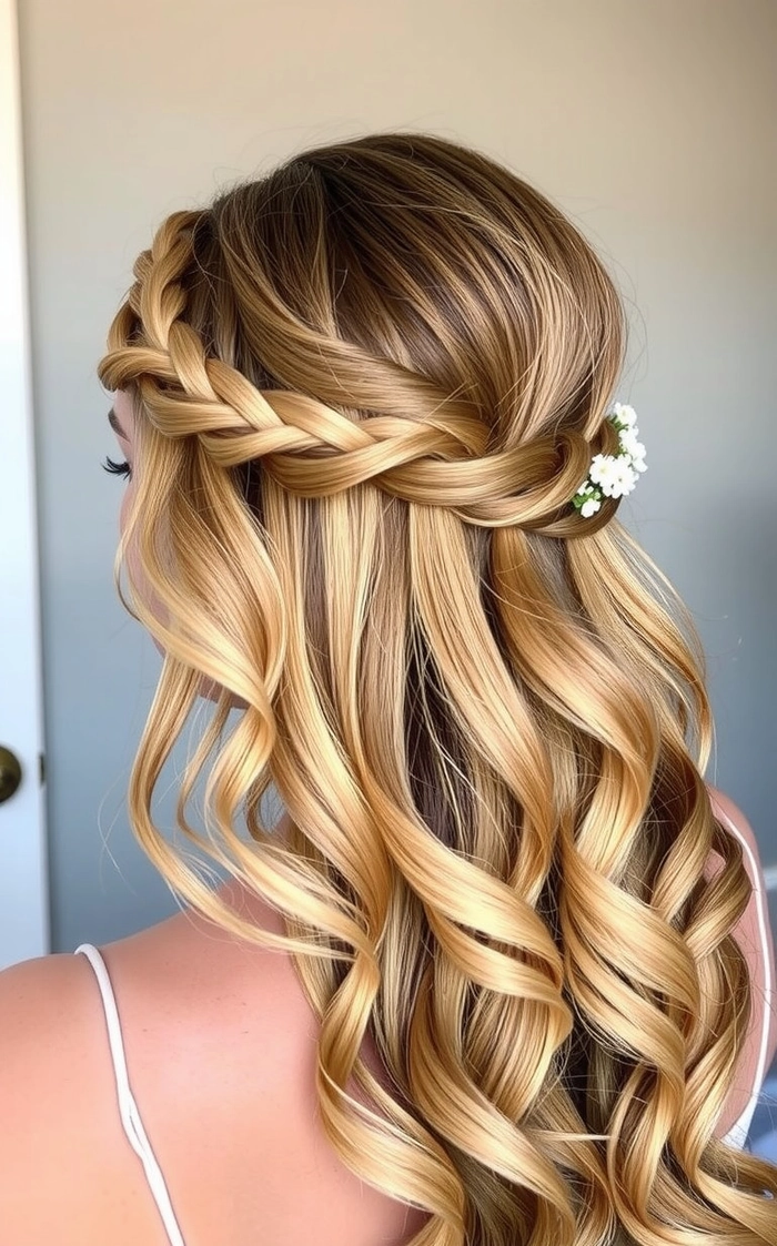 Elegant prom hairstyles with a twisted halo accentuating soft curls
